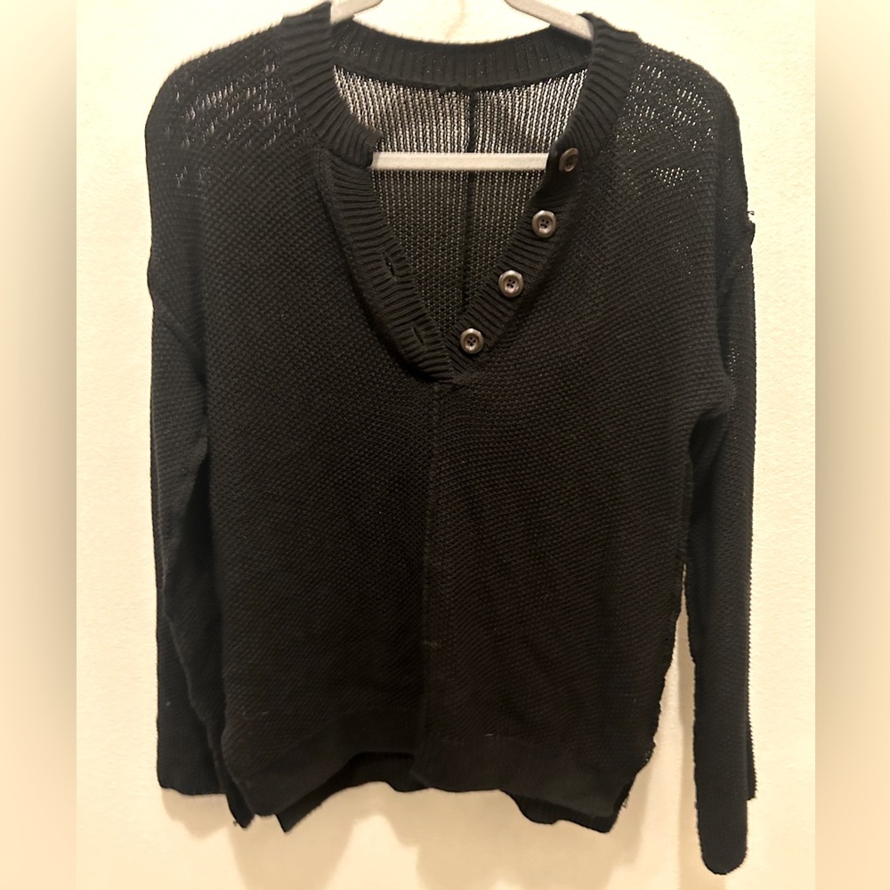 NEW Cable Knit Long Sleeve Button V Neck Pullover Henley Sweater Top Black - Picture 5 of 9